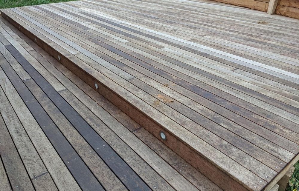 Before — weathered timber deck prior to deck oiling and sealing